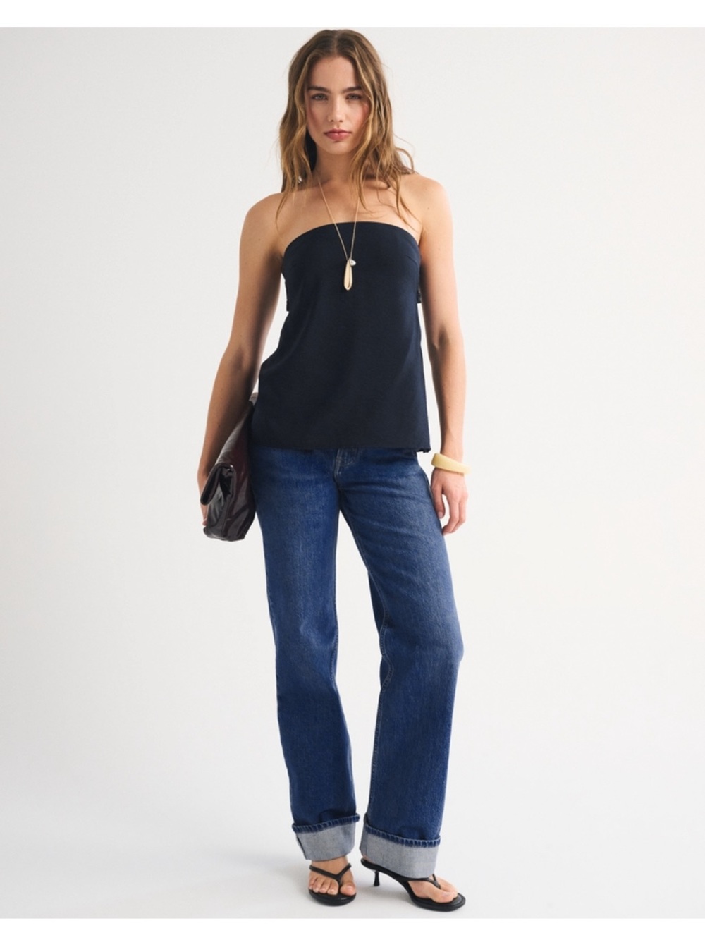 Abercrombie High Rise 90s Relaxed Fit Fold Over Jean, Medium Wash